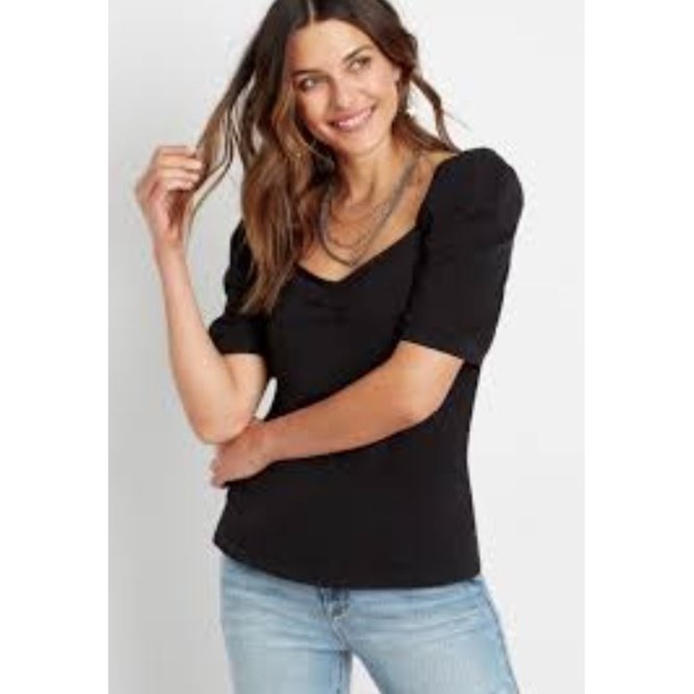 Treasure & Bond Women's Sweetheart Cinched Neckline Puff‎ Sleeve Tee Black Small